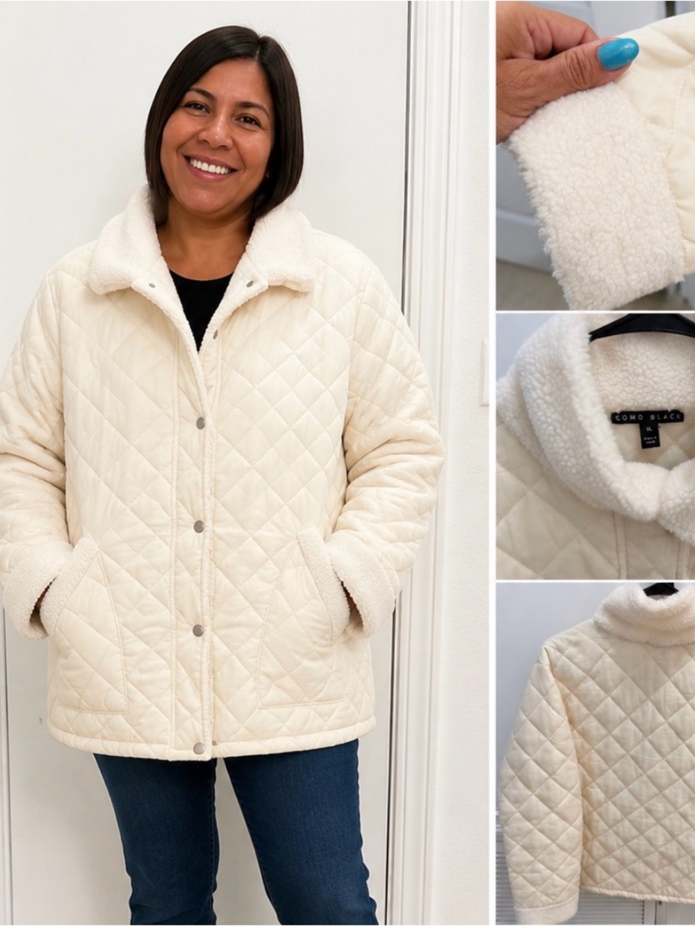 Quilted Ivory Sherpa Collar Jacket size XL Womens